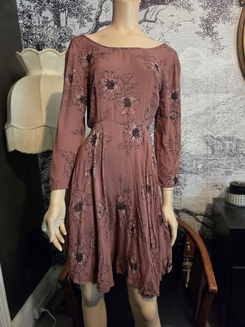 Amuse Society Mauve Sketch Floral Boho Mini Dress - Size S